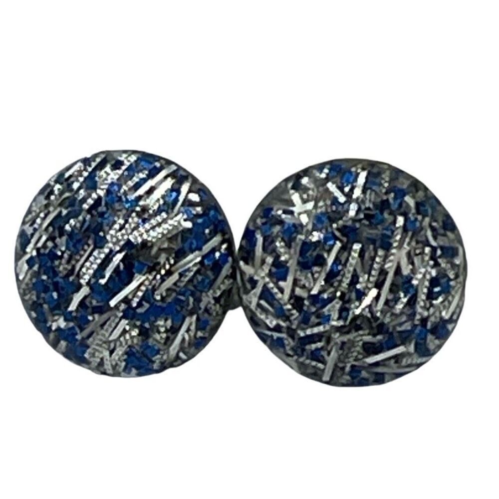 Vintage confetti blue & silver acrylic button screw back earrings